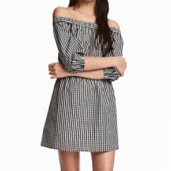 DIVIDED BY H&M Off the Shoulder Dress Black White Gingham Plaid 3/4 Sleeve Mini - Picture 1 of 12